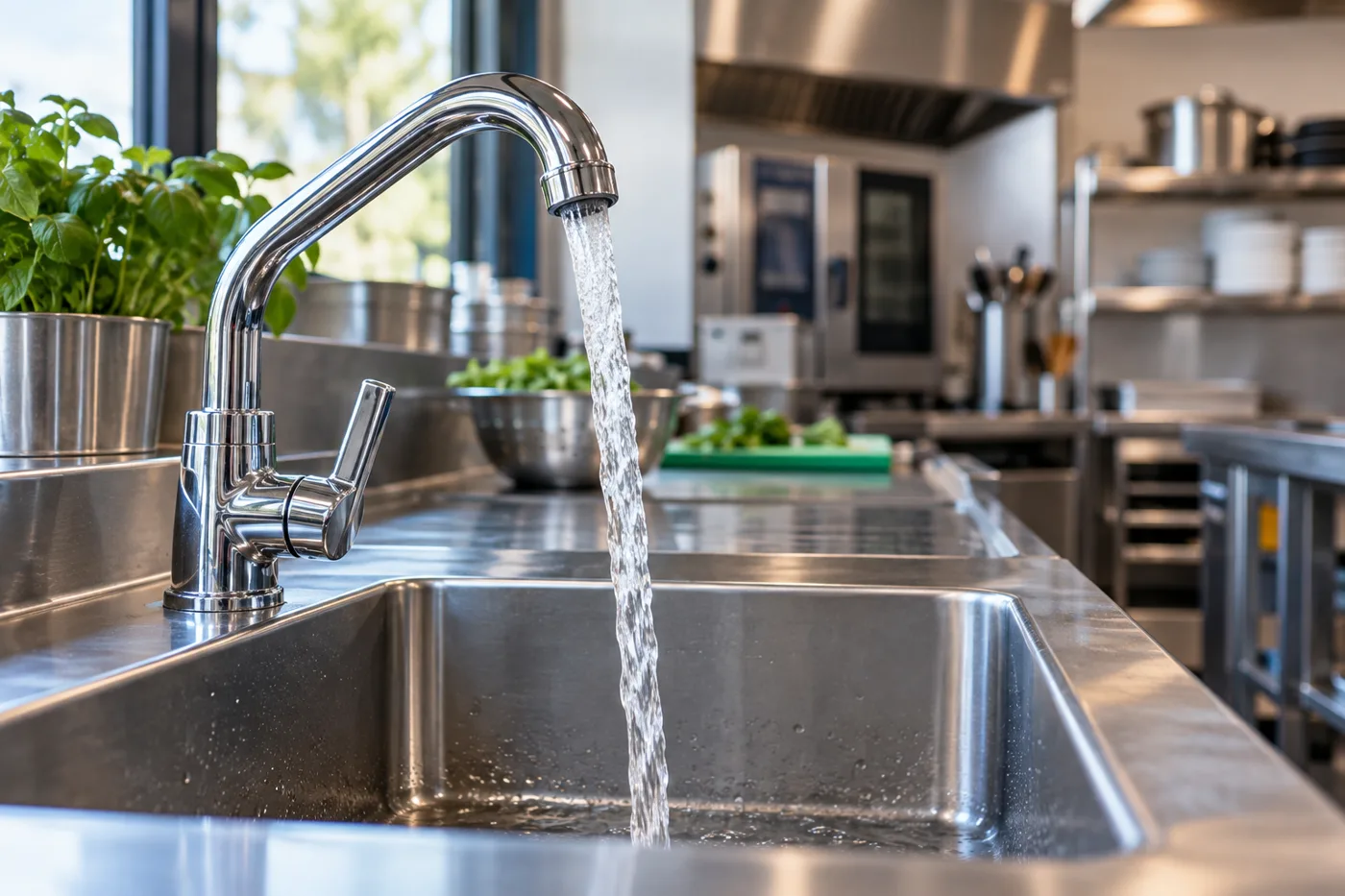 Running water from a tap in a commercial kitchen