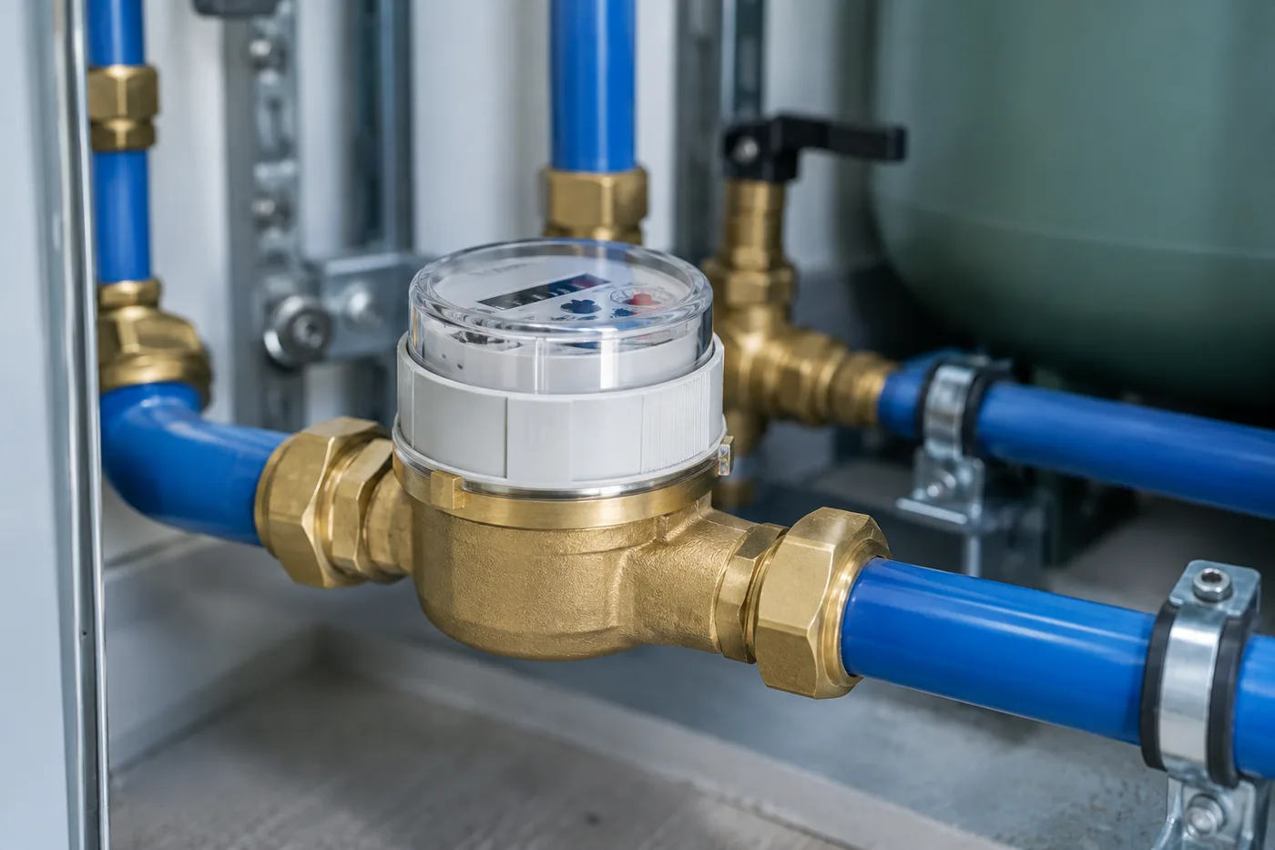 Water meter and pipework at business premises