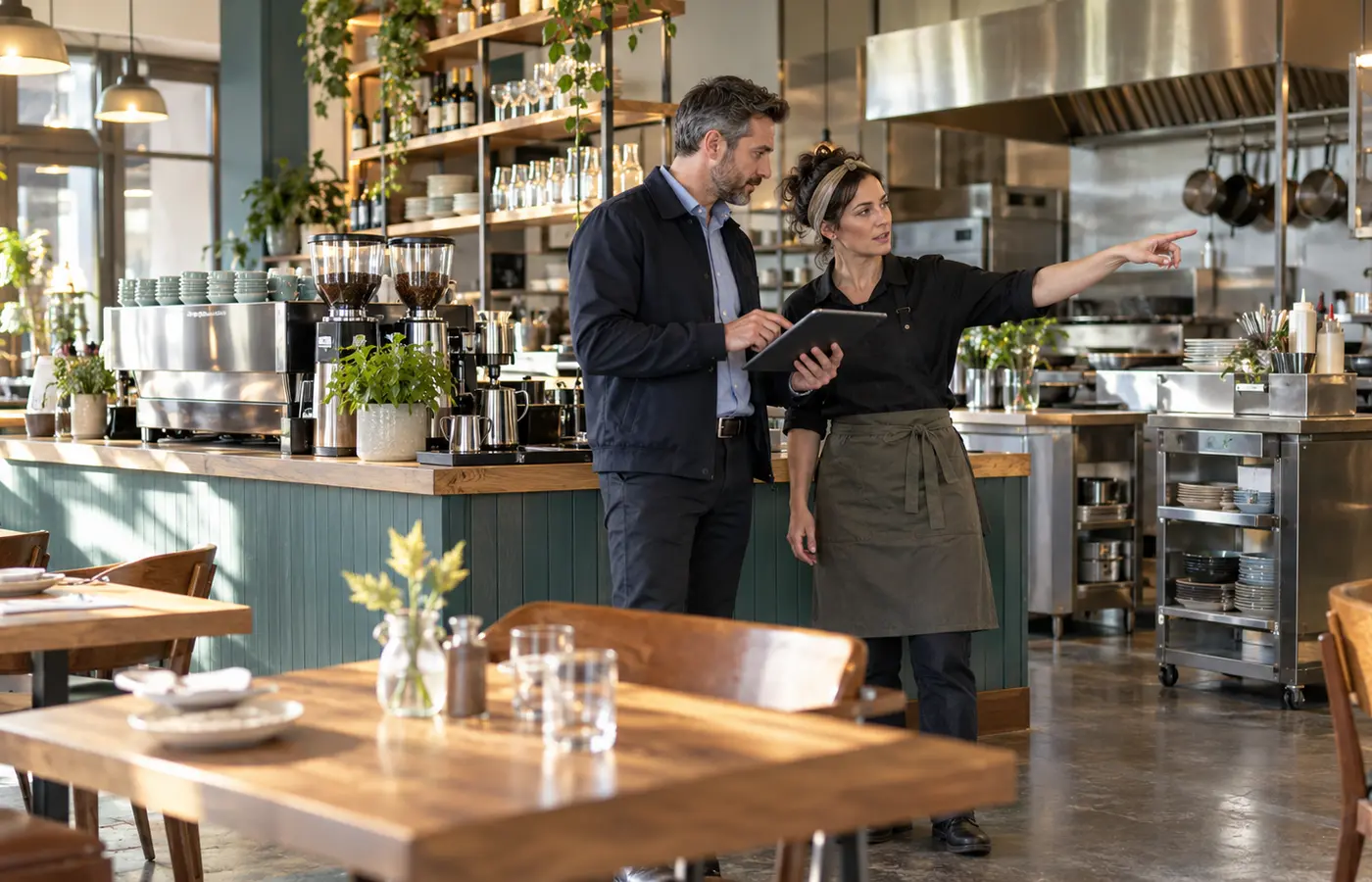Restaurant owner and insurance adviser reviewing commercial premises and equipment