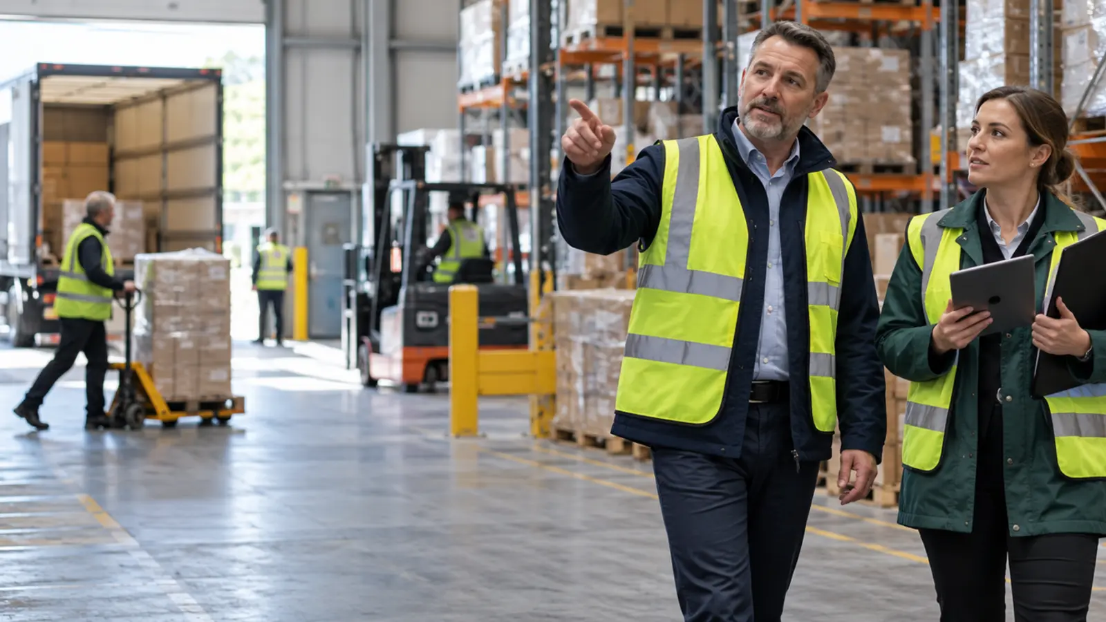 Warehouse owner and insurance adviser reviewing commercial premises and stock