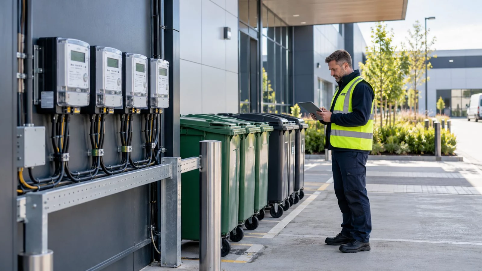 Commercial energy meters and waste containers being reviewed by a facilities manager