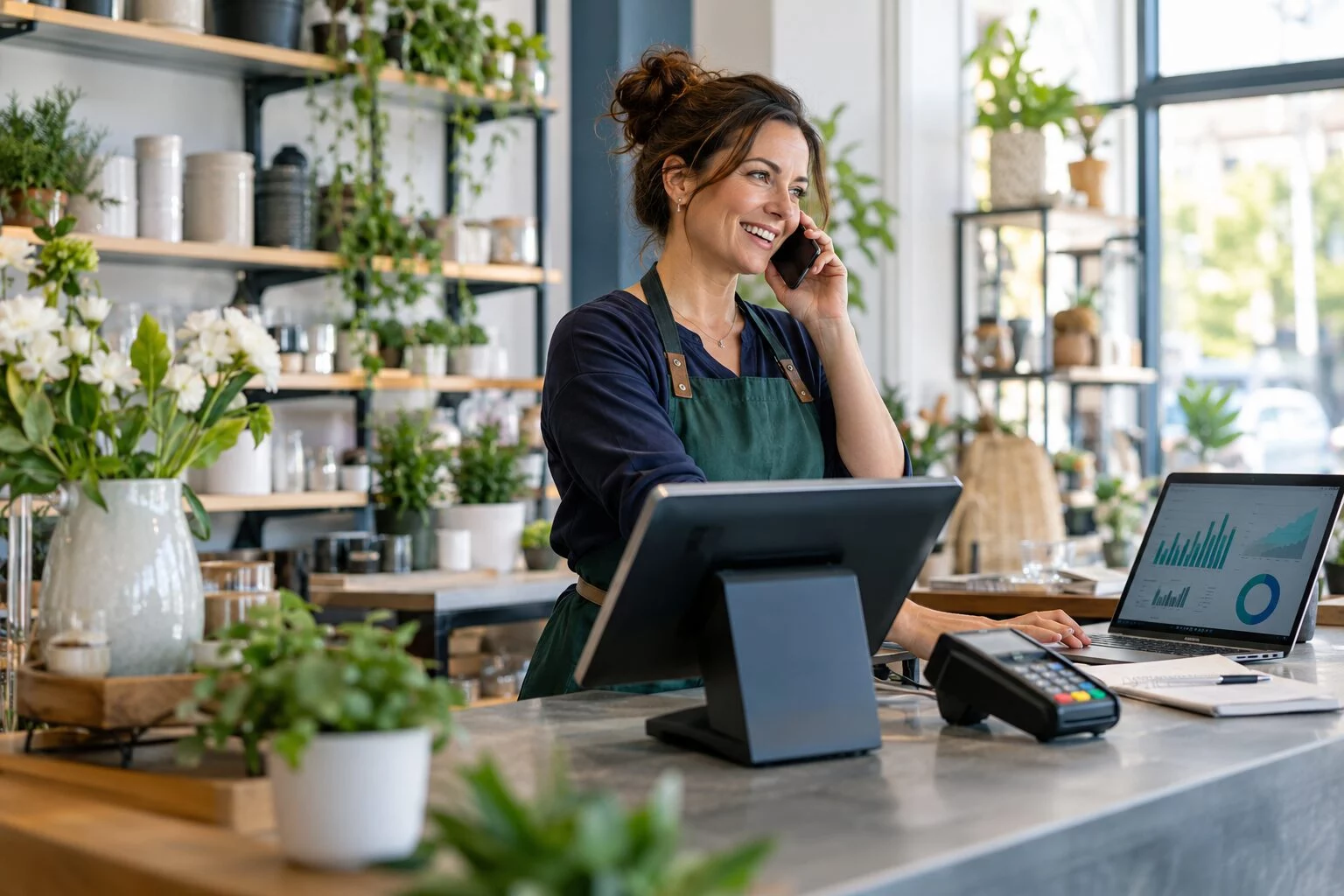 Business owner using an EPOS system and card terminal