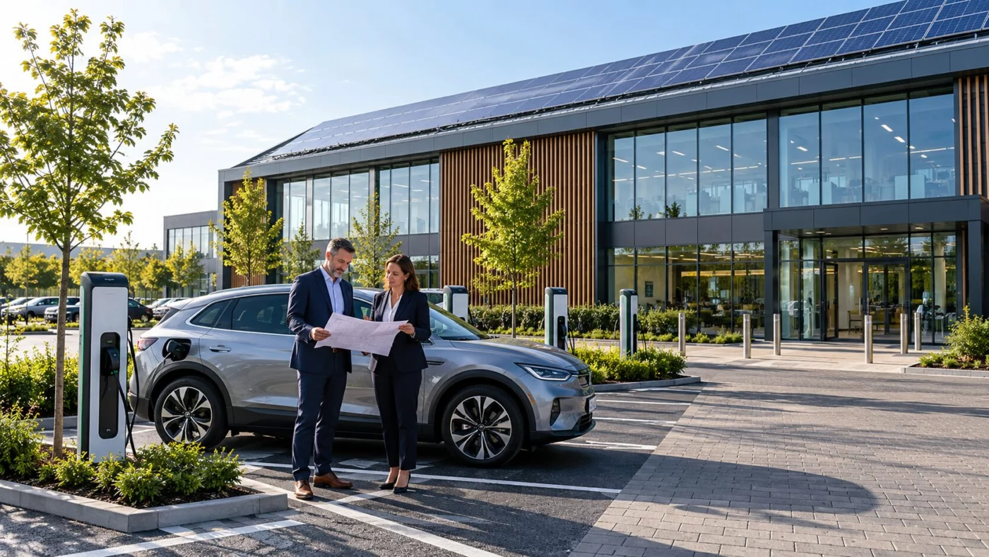 Commercial building with solar panels and EV charging points